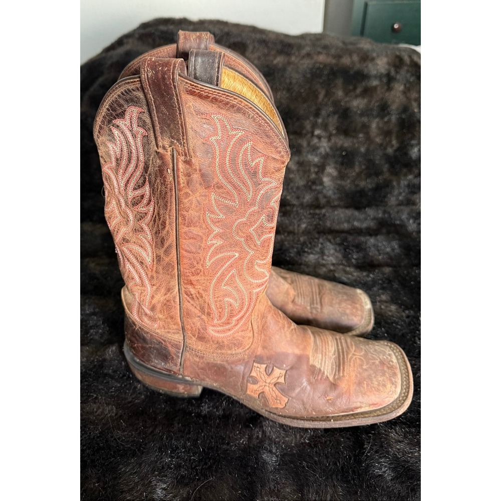 Tony Lama Cowboy Boots Women's Size 9 B Lashka Goat Leather 12" Brown Cross Pink